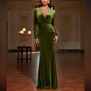 Luxe olive green surplice neck mermaid hem party evening velvet gown dress